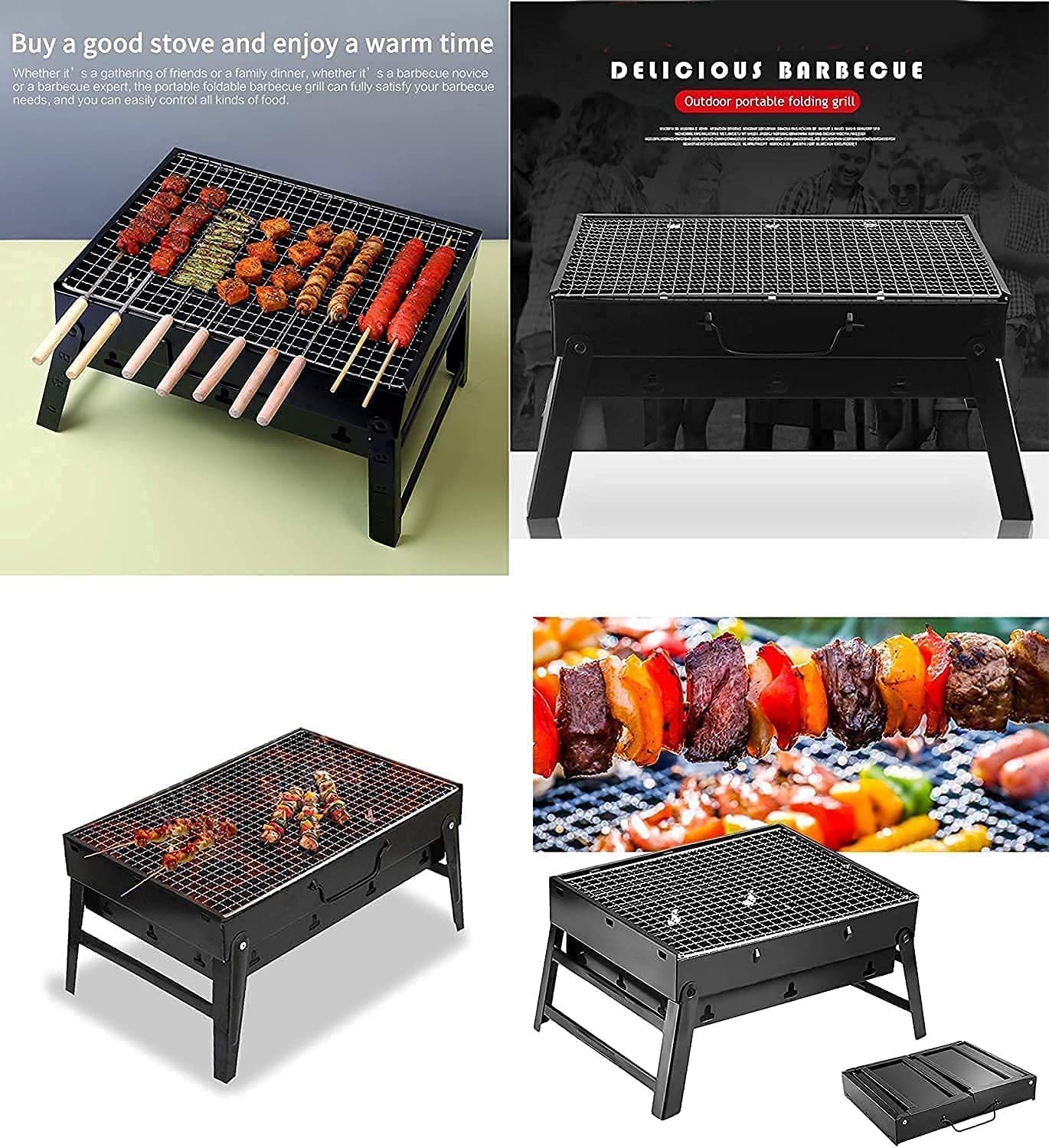 Barbecue Grills - Foldable Charcoal Barbeque Grill With (2 Spatula, 1 Bbq, 10 Stick & 1 Air Blower ) | Outdoor bbq grill tools for Camping Picnics Traveling - Stellar BlacKS (BBQGRILL)