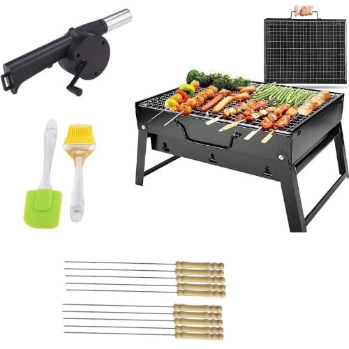 Barbecue Grills - Foldable Charcoal Barbeque Grill With (2 Spatula, 1 Bbq, 10 Stick & 1 Air Blower ) | Outdoor bbq grill tools for Camping Picnics Traveling - Stellar BlacKS (BBQGRILL)