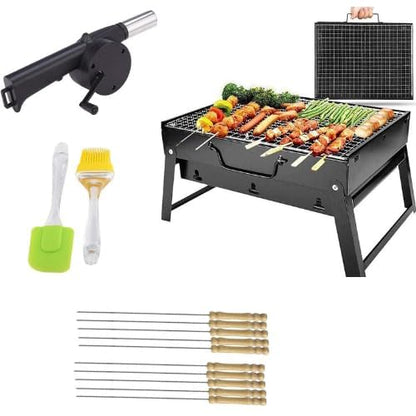 Barbecue Grills - Foldable Charcoal Barbeque Grill With (2 Spatula, 1 Bbq, 10 Stick & 1 Air Blower ) | Outdoor bbq grill tools for Camping Picnics Traveling - Stellar BlacKS (BBQGRILL)