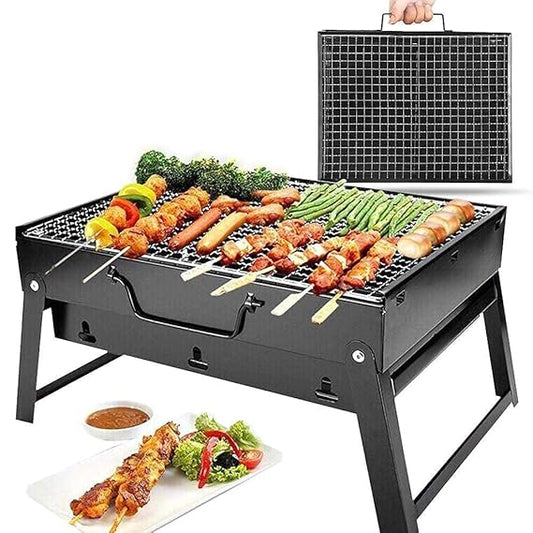 Barbecue Grills - Foldable Charcoal Barbeque Grill With (2 Spatula, 1 Bbq, 10 Stick & 1 Air Blower ) | Outdoor bbq grill tools for Camping Picnics Traveling - Stellar BlacKS (BBQGRILL)