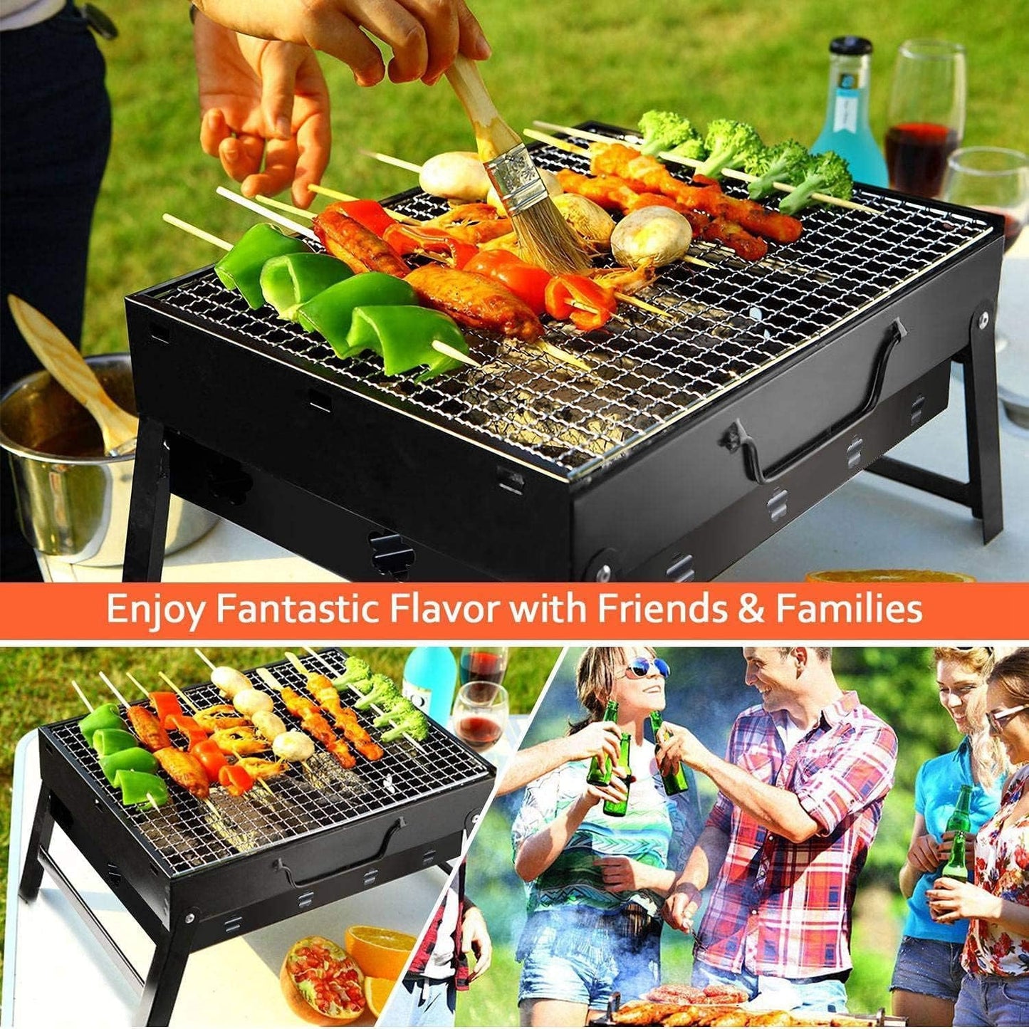 Barbecue Grills - Foldable Charcoal Barbeque Grill With (2 Spatula, 1 Bbq, 10 Stick & 1 Air Blower ) | Outdoor bbq grill tools for Camping Picnics Traveling - Stellar BlacKS (BBQGRILL)